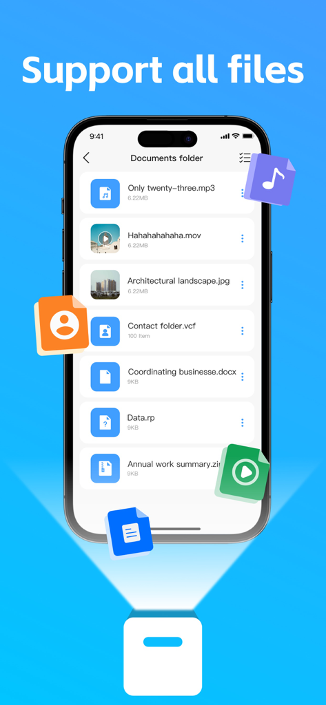 A smartphone screen showing the Snapdrop app interface with various file types like mp3 mov and docx ready for transfer