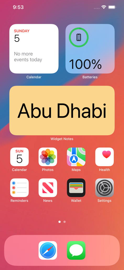 Widget Notes - Home Screen - An iPhone home screen displaying a large yellow sticky note widget with the text Abu Dhabi alongside other system widgets and app icons.