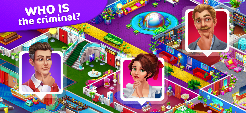 Characters investigating a crime within a colorful hotel setting in Hidden Hotel Miami Mystery