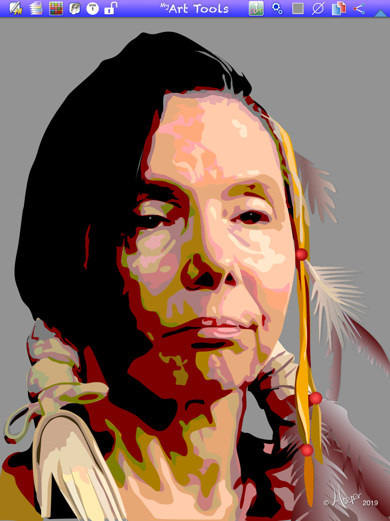 Un retrato digital estilizado con plumas creado usando MyArtTools en un iPad con Apple Pencil