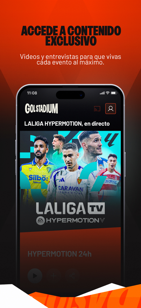 GolStadium Spain - GolStadium mobile app screen showing LaLiga Hypermotion live soccer coverage