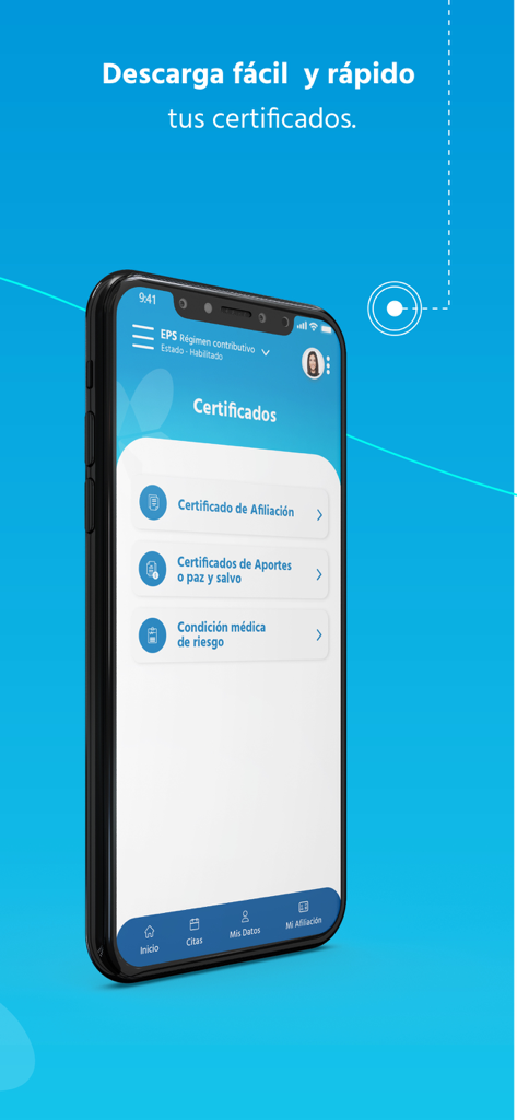 EPS Sanitas mobile app screen showing the certificates section for affiliation and medical records download.
