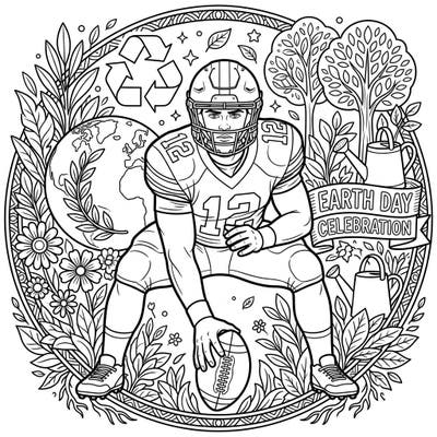 Dive into a unique coloring experience where the thrill of football meets the beauty of Earth Day! This intricate page features a long snapper amidst lush foliage, recycling symbols, and global imagery, perfect for celebrating our planet.
