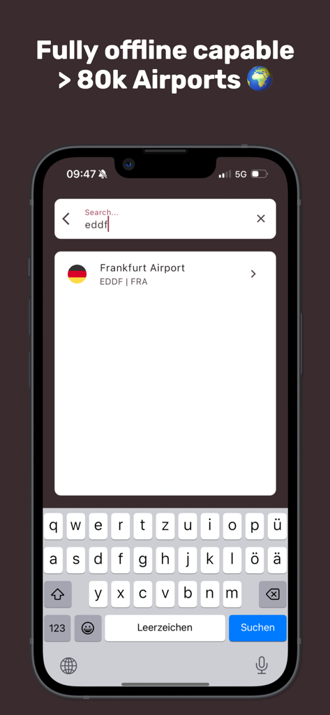 Search interface of the Airport Distance Calculator app showing a search for Frankfurt Airport by its ICAO code