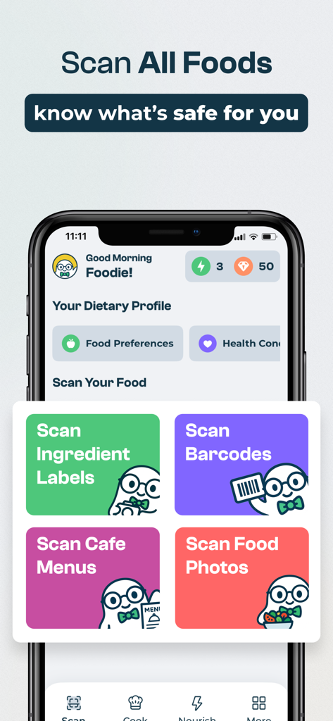 seefood - AI Food Scanner - The home screen of the seefood AI Food Scanner app showing options to scan ingredient labels, barcodes, cafe menus, and food photos.