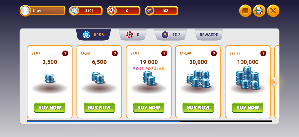 Interfaccia dello store in-app per l'acquisto di chip in Belote Online Card Game.