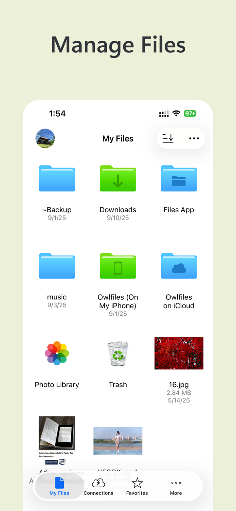 Owlfiles app dashboard showing local and cloud file folders
