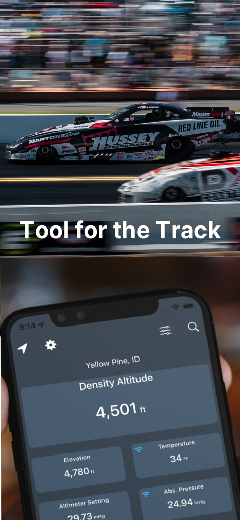 Density Altitude + - Density Altitude plus app showing weather metrics for drag racing performance tuning