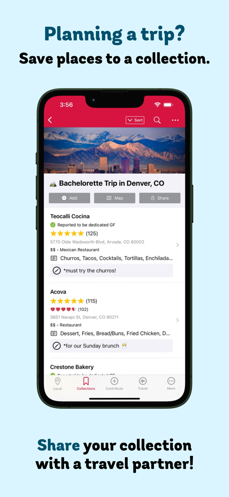 Find Me Gluten Free - Find Me Gluten Free App-Oberfläche, die eine gespeicherte Restaurant-Sammlung für eine Reise nach Denver zeigt