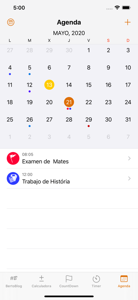 #BertoBlog - Screenshot of the Agenda feature in #BertoBlog app displaying a monthly calendar and a list of upcoming exams and assignments.
