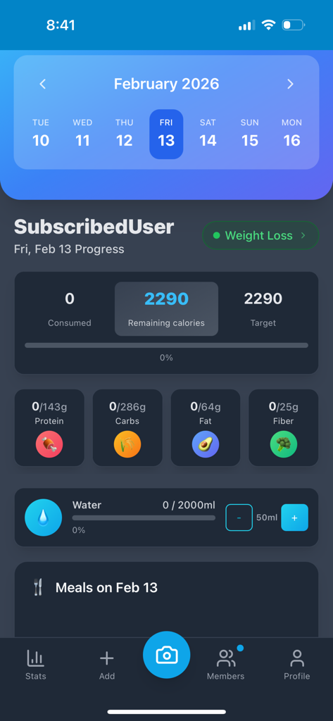 YumBridge – AI Food Tracker - YumBridge app dashboard displaying calorie tracking macro nutrients and daily water intake progress
