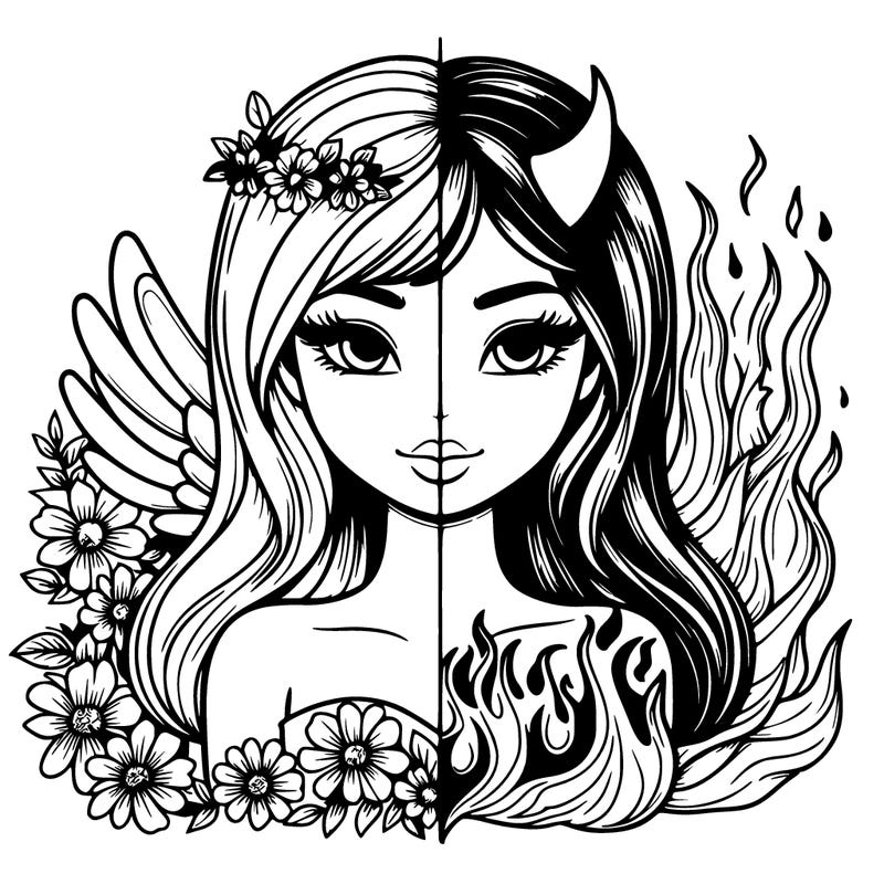 realistic girl half angle half devil with flowers and fire