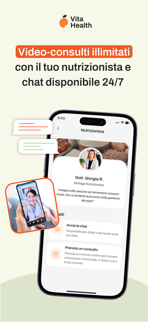 Vita Health - Schermata dell'app Vita Health che mostra il profilo di un nutrizionista e le opzioni di videoconsultazione