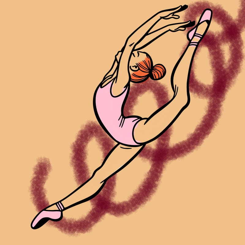 gymnast doing a leap in a leotard with a bent back leg