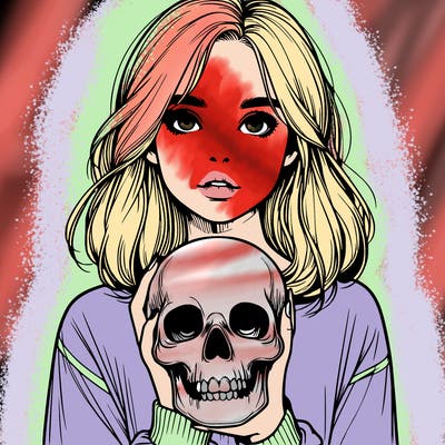 realistic girl holding a skull