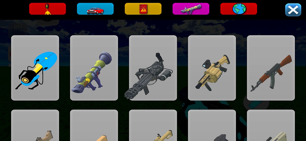 Weapon selection screen featuring various firearms and launchers in Monster Sandbox Playground 3D