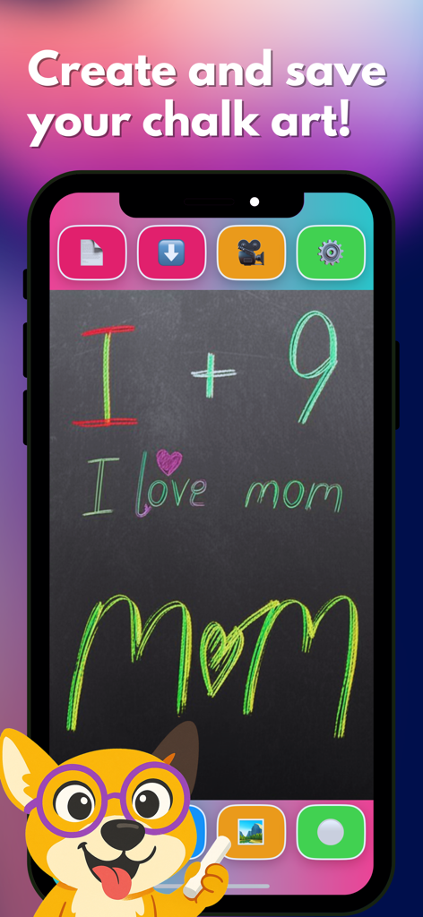 Draw Kids & Paint Kid Pad - A digital chalkboard screen featuring colorful chalk drawings and a cute cartoon dog character
