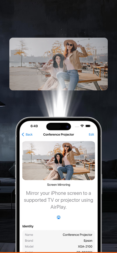 Mobile Projector Media - iPhone displaying the Mobile Projector Media app screen mirroring a video of two friends