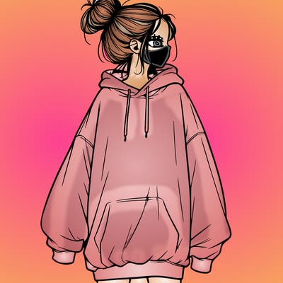 realistic girl with a oversized sweatshirt on and a bun