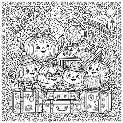 Get ready for a delightful journey with these adorable autumn pumpkins as they embark on a whimsical vacation! This charming coloring page is packed with travel elements and fall details, perfect for a creative escape.