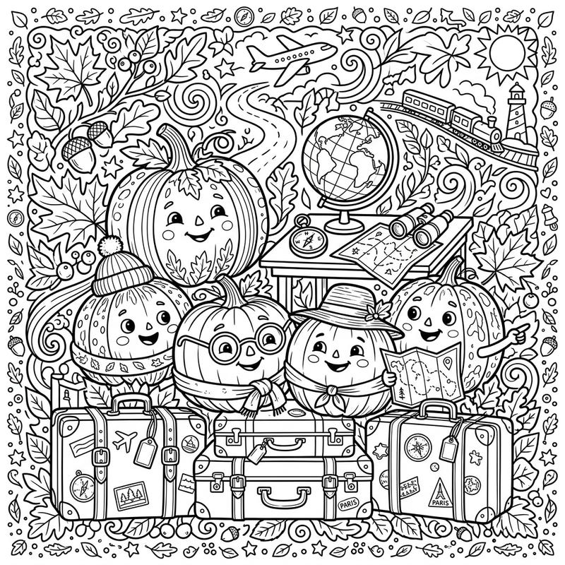 Get ready for a delightful journey with these adorable autumn pumpkins as they embark on a whimsical vacation! This charming coloring page is packed with travel elements and fall details, perfect for a creative escape.