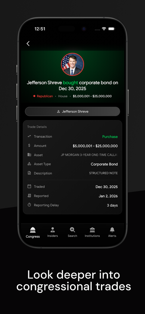 Quiver Quantitative - Uma tela móvel mostrando informações detalhadas sobre uma negociação feita por um membro do congresso, incluindo valor e tipo de ativo.