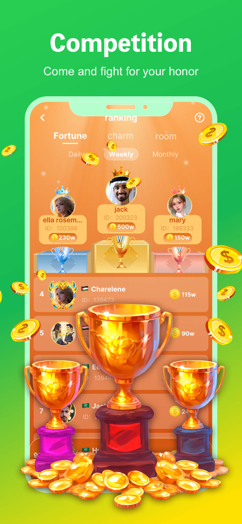 FoFoChat-Group Voice Chat Room - FoFoChat app competition ranking screen with trophies and top users