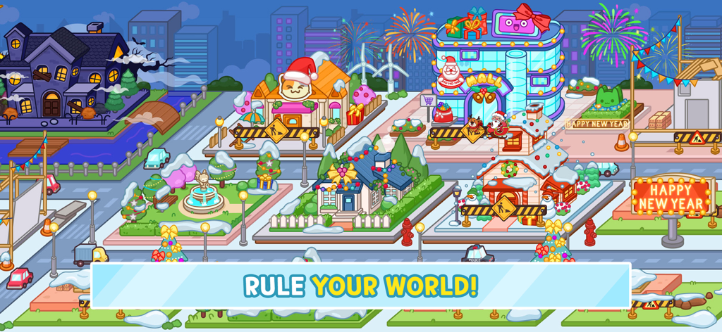 Avatar Life: My World - Une ville virtuelle festive et caricaturale décorée de neige et de lumières de vacances sous un ciel étoilé avec des feux d'artifice