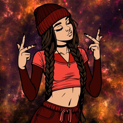 realistic teenage girl with braids and a beanie and crop top doing 🫶🏼