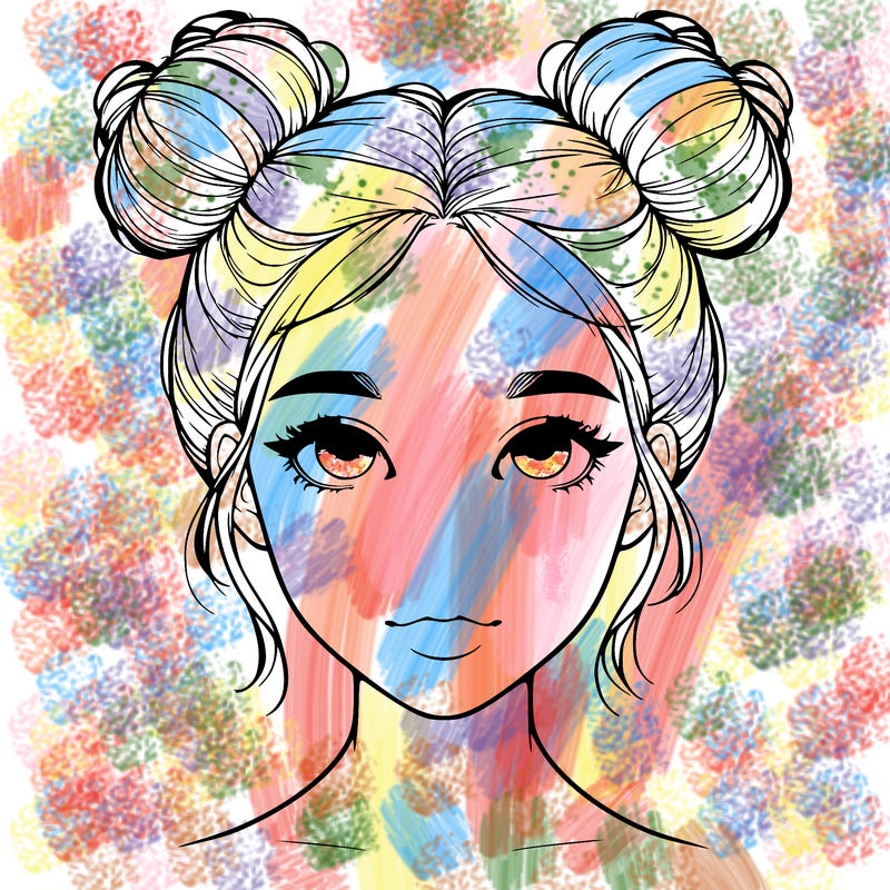 realistic girl with two buns on top of her head