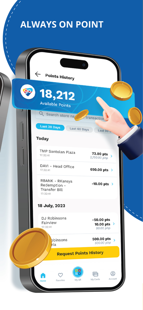 Go Rewards PH - Smartphone screen showing the Go Rewards PH app points history and available rewards balance