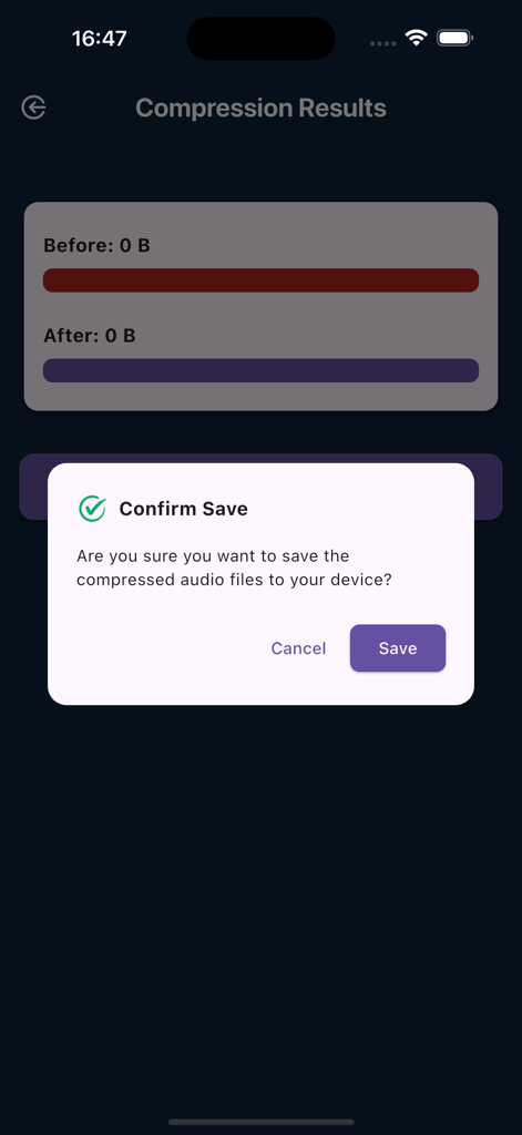 Audio Compressor MP3 - A confirmation popup asking the user to save compressed audio files within the Audio Compressor MP3 mobile app.