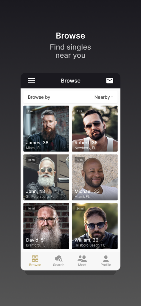 Browse screen of Biker Next app showing profiles of motorcycle enthusiasts nearby
