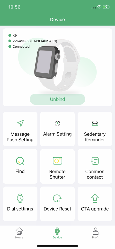 HIWATCH ULTRA GS app device management screen showing connected smartwatch and various settings options