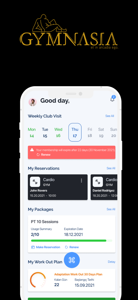 GYMNASIA - GYMNASIA app home screen displaying gym visit calendar and personal training session status