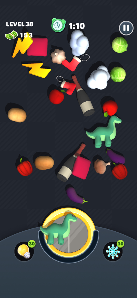 Gameplay of Match Puzzle Shop Master showing level 38 with various 3D objects to match like a dinosaur toy and vegetables