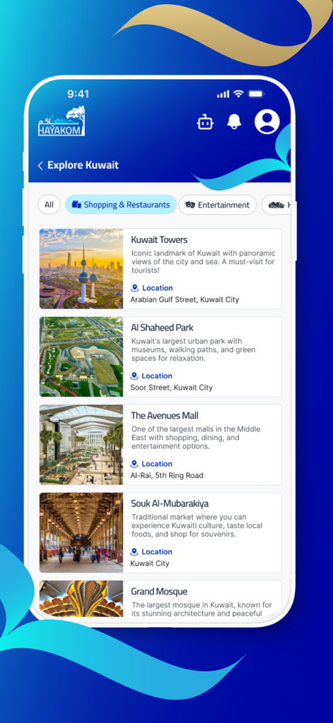 Hayakom - حياكم - Mobile screen from the Hayakom app displaying popular tourist attractions in Kuwait like Kuwait Towers and Al Shaheed Park