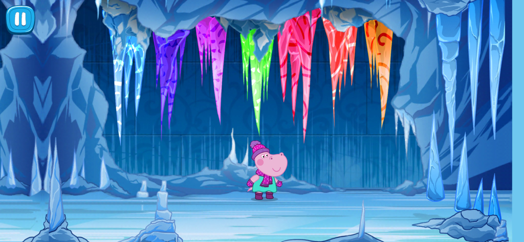 Snow Queen: Frozen castle - 鮮やかな多色の氷柱がある凍った氷の洞窟の中に立つピンクのヒッポキャラクター