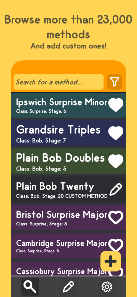 Campana - Uma lista pesquisável de mais de 23.000 métodos de toque de sinos no aplicativo Campana, incluindo Grandsire Triples e Plain Bob Doubles