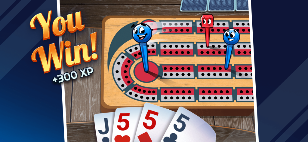 A winning game screen in Ultimate Cribbage showing a classic board with animated pegs and a bonus XP notification.