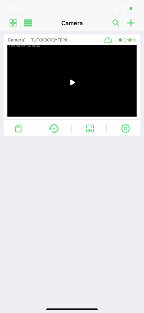 LookCamPro mobile app interface showing a remote camera monitoring dashboard with playback controls