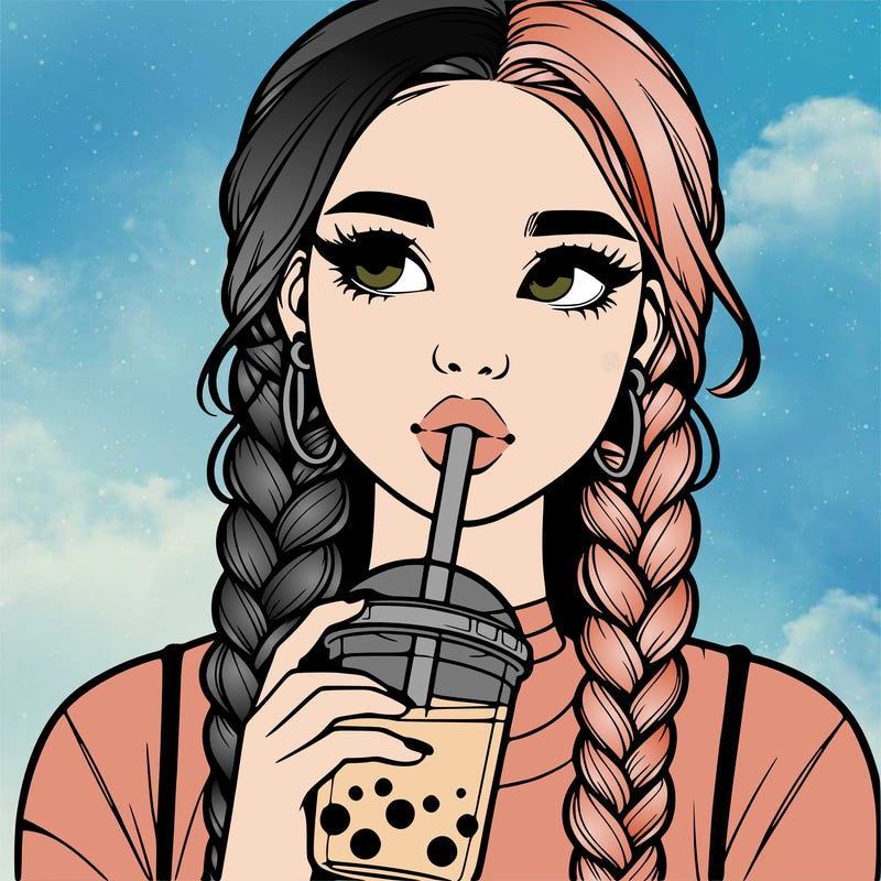 realistic girl with braided hair drinking boba