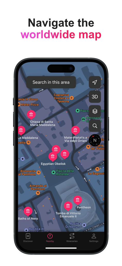 Interface de l'application Tadarc affichant une carte interactive avec des monuments historiques et des sites culturels à Rome.