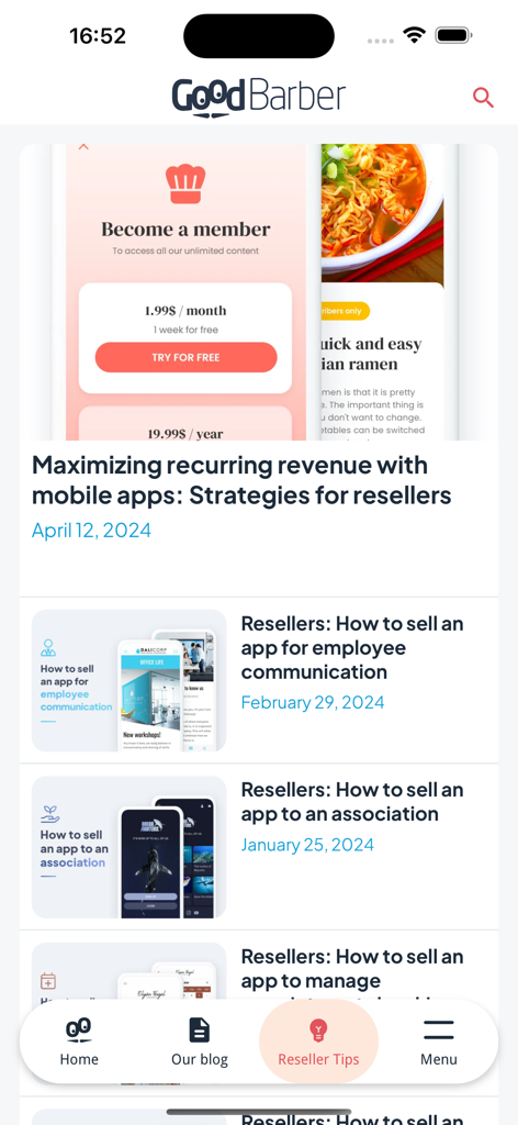 GoodBarber News - Interface do aplicativo Notícias GoodBarber mostrando artigos sobre estratégias de revenda de aplicativos móveis