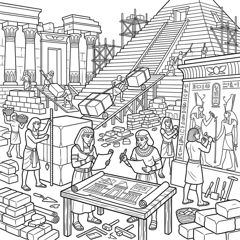 Unleash your creativity on this intricate coloring page depicting ancient Egyptian architects and builders in action. Witness the monumental effort involved in constructing legendary pyramids and grand temples, ready for your artistic touch.