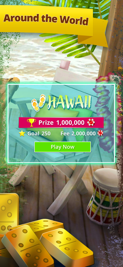 Domino Master - Dominoes Game - Hawaii themed 3D room in Domino Master game showing tournament prizes and golden dominoes