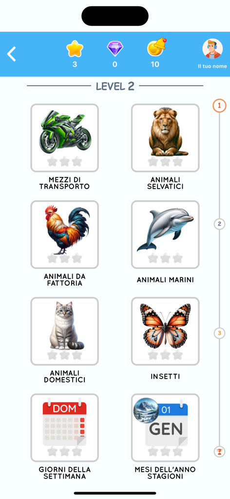 Learn Italian beginners - Italian learning app screen showing level two categories for animals transportation and calendar