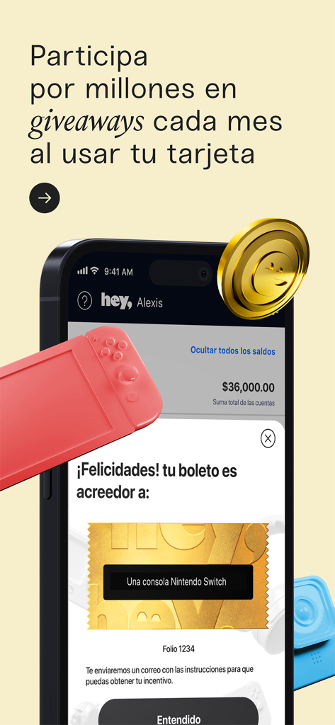 Ecrã da aplicação Hey Banco apresentando sorteios mensais e recompensas por utilizar o cartão