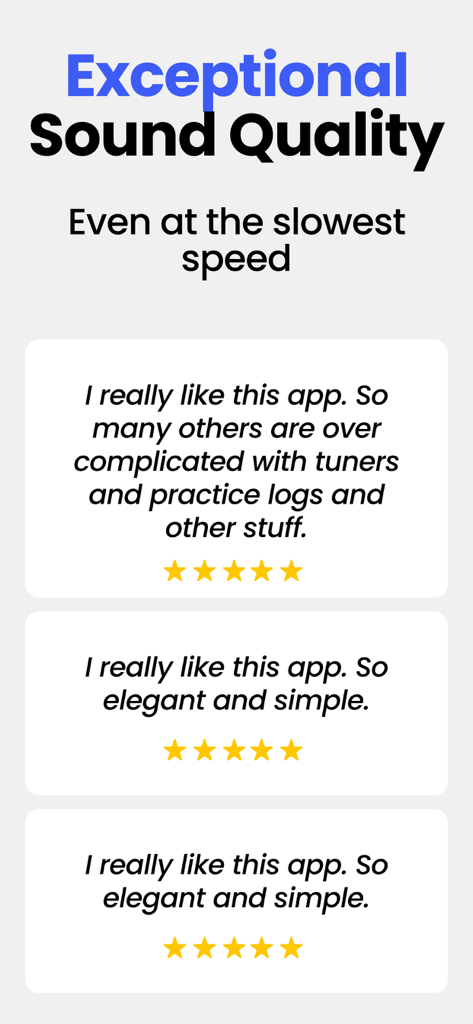 Speed Changer | Transcribe+ - Five star user reviews for Transcribe Plus highlighting exceptional sound quality and simple app design
