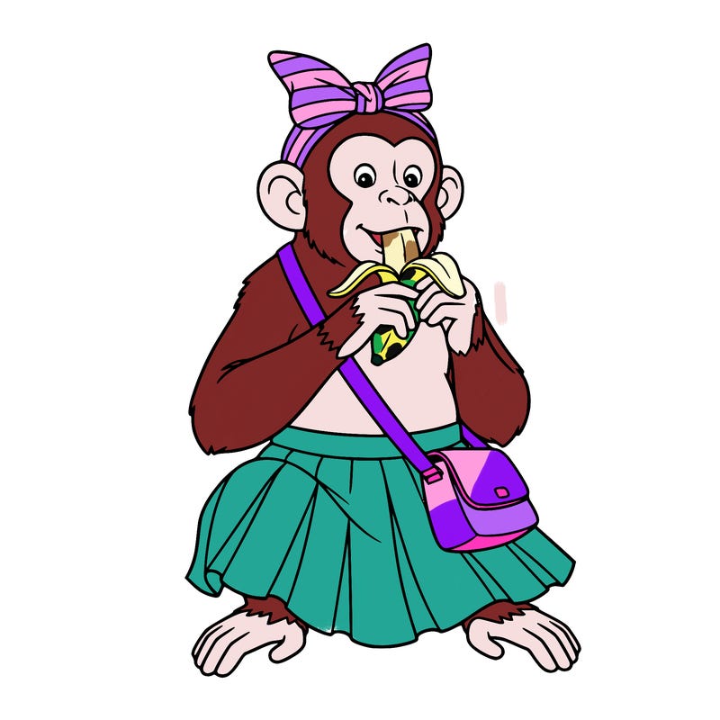 a monkey eating a banana wearing a crossbody purse. wearing a hair bow and a skirt.